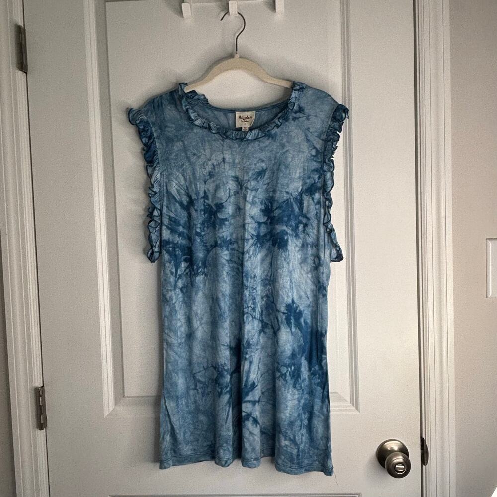 Hayden Los Angeles 1XL Blue Tie Dye Ruffle Sleeve Tunic Top Boho Plus Size